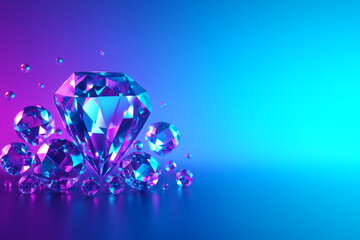Blue Expensive Crystal Diamonds on Gradient &ndash; 3D Render, Copy Space. A gift in purple to blue colors