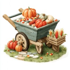 Vibrant Wheelbarrow Overflowing with Pumpkins, Corn and Colorful Candy Corn Celebrating Fall, Halloween theme