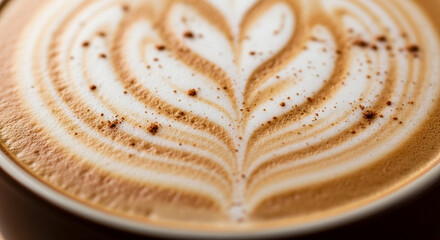 Macro of frothy milk foam on a cappuccino with cinnamon dust