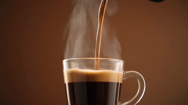 Ultra HD cinematic footage of steaming hot coffee being poured into a glass cup on a seamless warm brown background with rising vapor smooth detail and cozy atmosphere perfect for cafe advertising bev