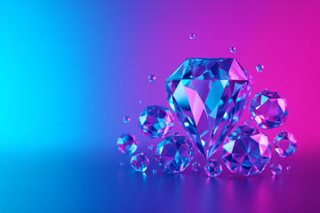 Blue Expensive Crystal Diamonds on Gradient &ndash; 3D Render, Copy Space. A gift in purple to blue colors