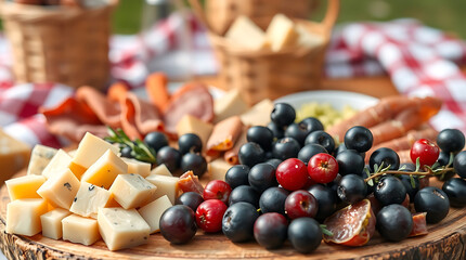 Rustic Cheese and Meat Platter – Charcuterie Board with Fresh Berries and Red Wine for Picnic Gathering