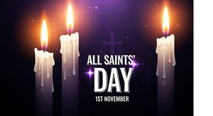 All saints day november first lit candles glowing in dark with purple haze