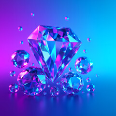 Blue Expensive Crystal Diamonds on Gradient &ndash; 3D Render, Copy Space. A gift in purple to blue colors