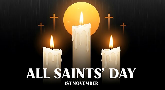 Three lit candles and crosses illuminated by a bright golden halo on all saints day