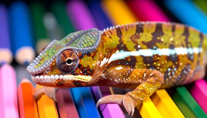 Chameleon resting on colorful pencils