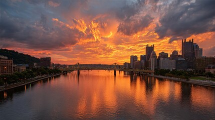Fototapeta premium Pittsburgh Skyline at Sunset with Fiery Sky Reflection