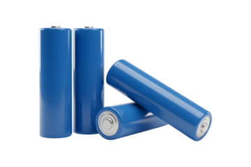 A group of four rechargeable batteries, two standing and two lying down. 3d rendering, transparent background