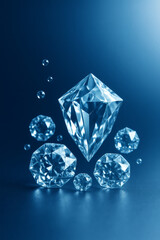 Luxury Blue Crystal Diamonds on Gradient &ndash; 3D Render, Copy Space. Brilliant cut, faceted, refraction, 3d render and illustration