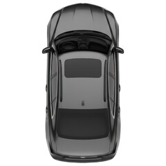 Fototapeta premium Overhead view of a gray sedan. Roof, windows, and body panels are visible. Dark background