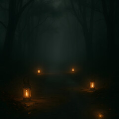 foggy pathway with lanterns glowing on the ground