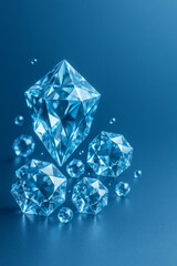 Luxury Blue Crystal Diamonds on Gradient &ndash; 3D Render, Copy Space. Brilliant cut, faceted, refraction, 3d render and illustration