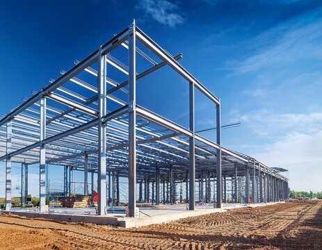 steel frame building under construction against a blue sky