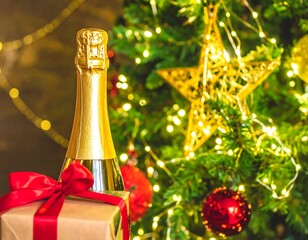 Champagne bottle and gift by Christmas tree