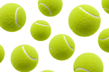 A repeating pattern of floating tennis balls of various sizes. 3d rendering, transparent background