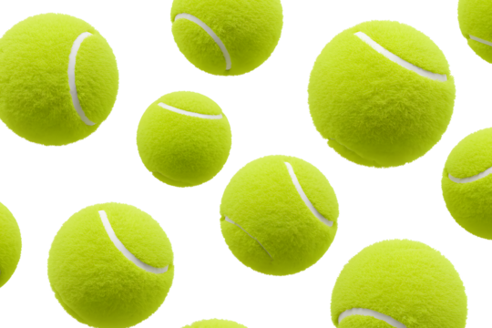 A repeating pattern of floating tennis balls of various sizes. 3d rendering, transparent background