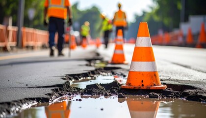 Road construction with warning cones, safety vests, and workers in the background. The scene depicts asphalt damage and repair work