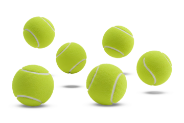 A group of six yellow tennis balls floating with soft shadows. 3d rendering, transparent background