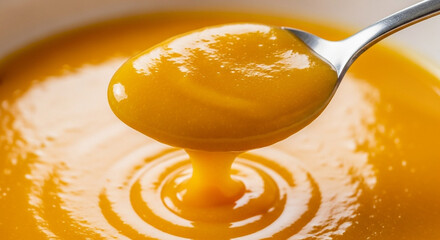 Macro of smooth mango puree being spooned out