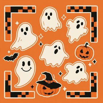 Hoja de pegatinas Halloween minimal en naranja con fantasmas expresivos, calabazas y esquinas con patr&oacute;n ajedrezado