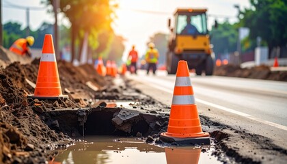Road construction site with orange traffic cones, excavators, and workers, showcasing infrastructure development