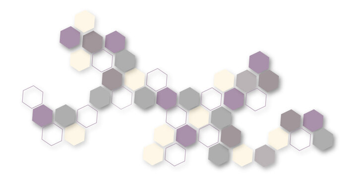 A minimalist abstract background with a flowing wave of layered, connected hexagons in pastel purple, gray, and beige, creating a subtle, technical, and elegant geometric design element.
