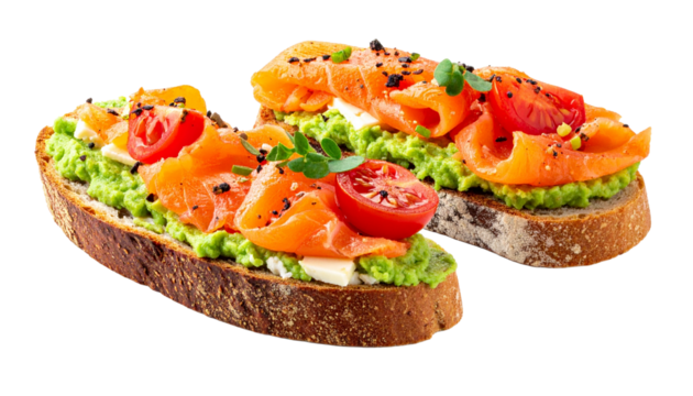 Delicious open-faced sandwiches featuring smoked salmon, creamy avocado, and fresh tomatoes