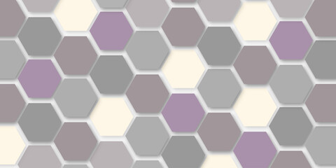 A minimalist abstract background with a flowing wave of layered, connected hexagons in pastel purple, gray, and beige, creating a subtle, technical, and elegant geometric design element.