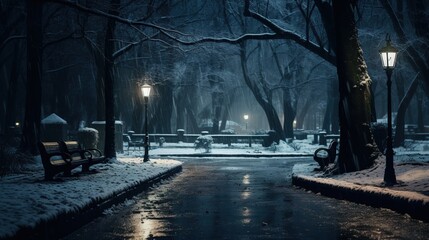 Snowfall in the city park at night in winter, snow-covered trees in the park illuminated by lanterns