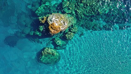 Obraz premium Drone view of rocks in turquoise waters, clear background; for travel brochure