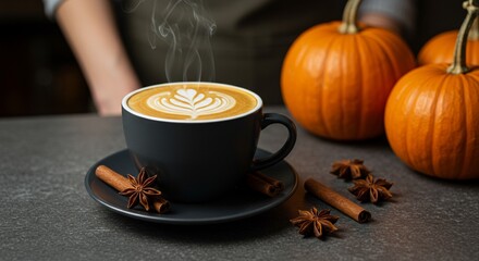 Pumpkin spice latte humeante con arte latte en taza negra sobre barra de café, canela y anís, barista desenfocado y calabazas naranjas, ambiente acogedor