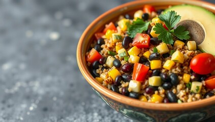 black beans quinoa salad Mexican salad bell peppers avocado healthy food corn fresh cilantro cherry tomatoes lime juice
