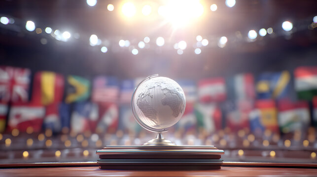 Global summit concept with a symbolic globe on a podium against a backdrop of flags