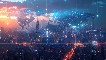 A stylized digital depiction of global connectivity, overlaying a sprawling city skyline with a world map, vibrant sunset tones