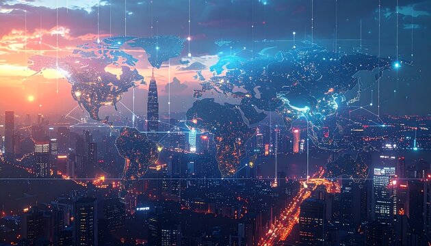 A stylized digital depiction of global connectivity, overlaying a sprawling city skyline with a world map, vibrant sunset tones - Powered by Adobe