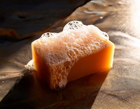 natural handmade soap with bubbles on marble surface illuminated by warm sunlight