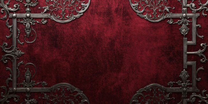 Rich Velvet Red Background with Ornate Silver Filigree and Metallic Scrollwork Borders, Evoking Vintage Elegance and Royal Luxury