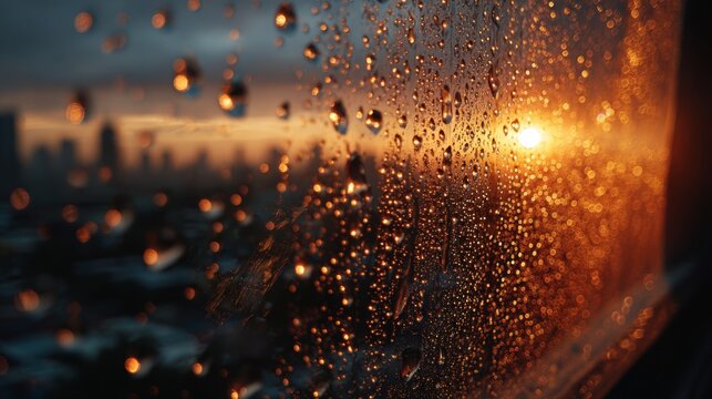 Beautiful backlighting of the golden hour, raindrops on a windowpane glow with the light