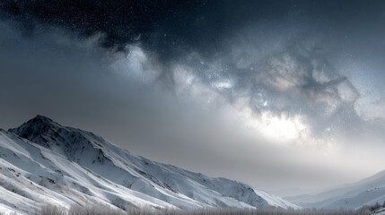 midnight sky with milky way taken in snow covered mountains