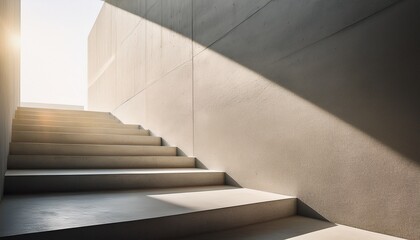 Fototapeta premium sunlight streaming on minimalist concrete stairs with textured wall