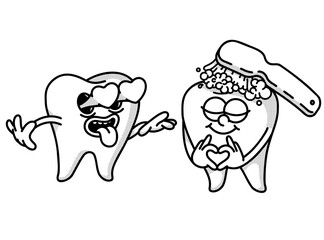 Smiling retro mascot teeth. Toothbrush cleans tooth with toothpaste. Dentistry icon, dentist logo. Love gesture. Eyes like hearts