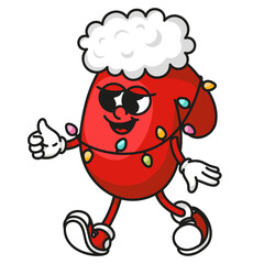 Festive red mitten mascot with white fur and colorful garland. Cozy Xmas and New Year design for winter branding and holiday decorations