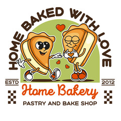 Vintage pie mascot logo with home bakery text and baked with love message ready vector design