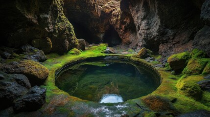 Iceland Cave Pool, mossy, tranquil, sunlit interior