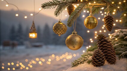 Christmas Ornaments with Golden Lights —AI GENERATED
