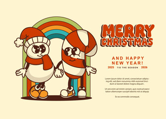 Vintage snowman and candy cane mascots on rainbow background with merry christmas text Colorful design for holiday cards and social media posts
