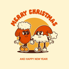 Vintage mitten and Santa hat mascots on festive background with greeting text Cozy retro design for websites and printable cards