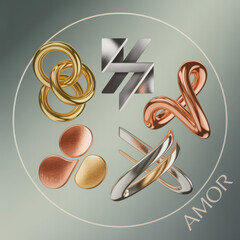 Abstract 3D metallic shapes and symbols within a circle gold silver copper