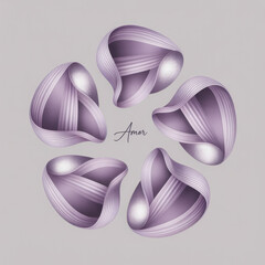 Five abstract lavender ribbon sculptures form a circle with 'Amor' calligraphy in the center