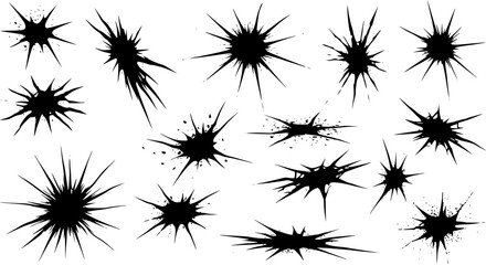 Diverse set of black abstract splatters, grunge ink marks, starbursts, and explosion effects on white background, perfect for graphic design elements or textures.